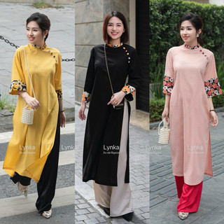D22-Áo dài cách tân đũi linen suông hoa(có big size 72kg)/ aodailynka88