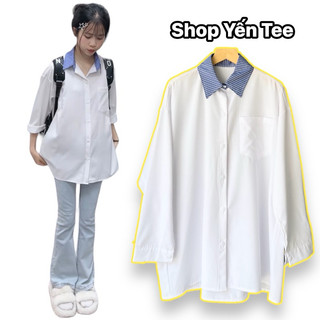 Áo sơ mi trắng dài tay phối cổ xanh mới 2024, sơ mi đi học Yến Tee