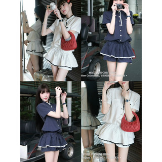 Jumpsuit thô kẻ sọc viền ren thêu nơ