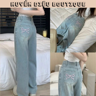 Quần jean ống suông thêu nơ hồng hottrend 2024 , quần jean ống rộng cá tính basic đơn giản - Huyền Diệu Boutique