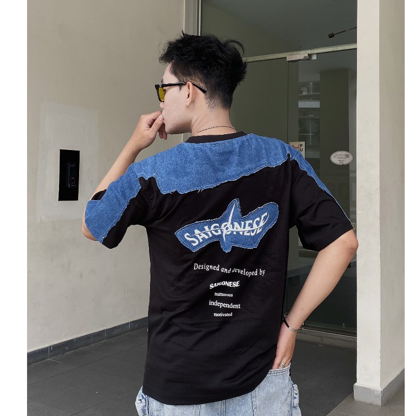 Áo Thun Unisex SAIGONESE Vải Cotton Phối Jean Denim Hoạ Tiết Shuriken Form Rộng Unisex Nam Nữ AT08SG | BigBuy360 - bigbuy360.vn