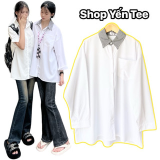 Áo sơ mi trắng dài tay phối cổ caro mới 2024, sơ mi đi học, sơ mi chất mát Yến Tee