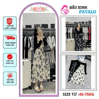 Đầm Bầu Hoa Nhí Dập Li Kèm Áo Khoác ngoài thu đông form Babydoll dự tiệc công sở PAVALOSHOP