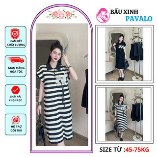 Váy bầu babydoll sơ mi, đầm bầu thun sơ mi thiết kế đính kèm hoa mặc đi làm đi tiệc công sở thời trang siêu xinh