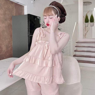Đồ ngủ sexy nữ hai dây bộ ngủ 2 dây nữ set bộ đồ Bộ ngủ đùi satin freesize 54kg - cn59