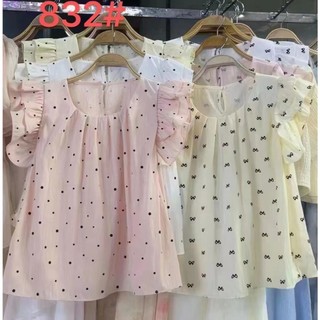 Áo kiểu babydoll nữ cổ tròn tay hến bèo bồng tầng hoạ tiết nơ chấm bi hàng Quảng Châu, áo chất xô đơn giản dễ mặc 832