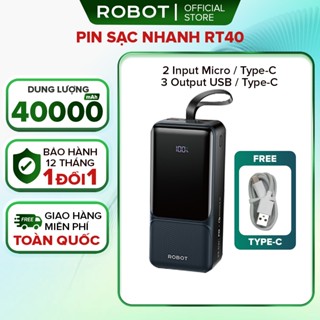 Combo Dây Sạc Và Sạc Dự Phòng 40.000mAh ROBOT RT40 Sạc Nhanh Công Suất 22.5W 3 Cổng Sạc Ra Có Màn Hình Led