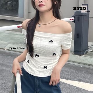 Áo thun trễ vai đính nơ chất thun xốp , áo kiểu lệch vai dáng ôm babytee ryso
