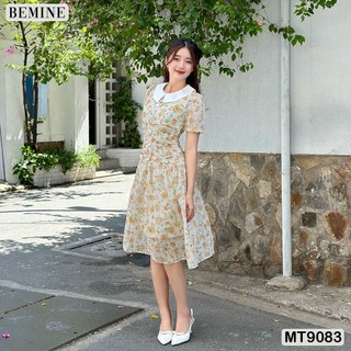Đầm thiết kế cổ sen đính nút nhún eo dáng xếp ly bemine mt9083