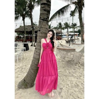 Đầm Maxi Đi Biển Cổ Yếm Đính Bông Trước Ngực Hàng 2 Lớp, Váy Maxi Voan Tơ Cổ Yếm Dáng Dài Tiểu Thư Hot 2024