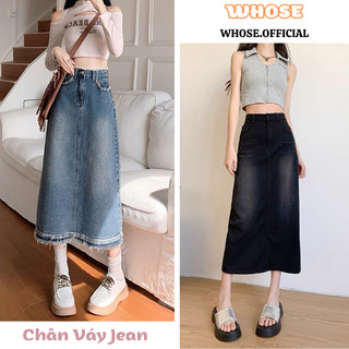Chân váy jean dài WHOSE cạp điều chỉnh độ rộng bụng phong cách đơn giản, váy jean dáng dài cạp cao thanh lịch A14