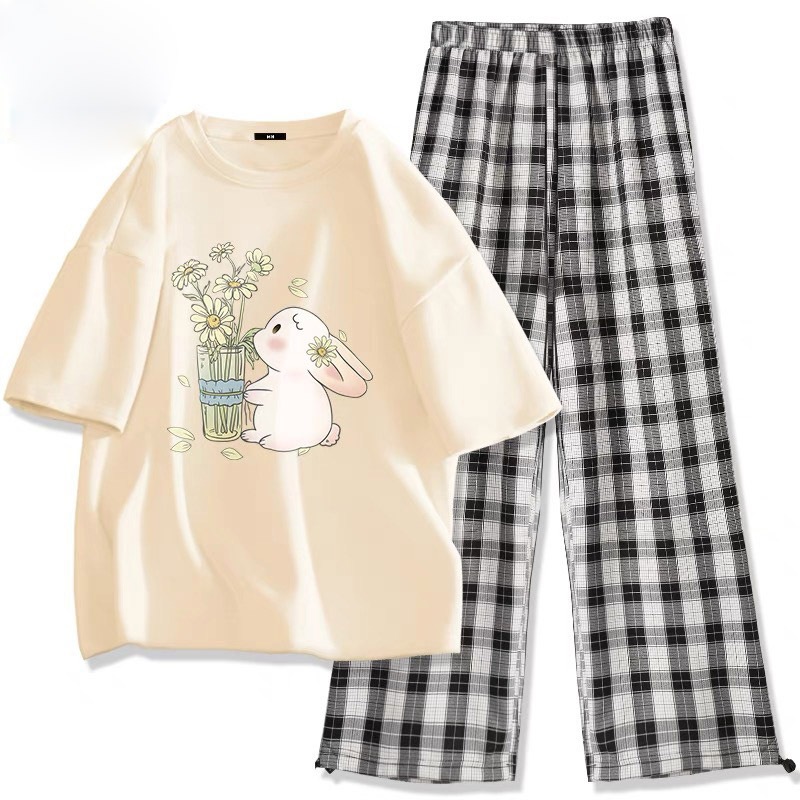 Set bộ dài áo thun cotton, quần suông caro to nữ thời trang. Đồ bộ mặc nhà, đi chơi in THỎ HOA