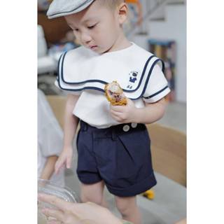 Áo phông bé trai màu trắng cổ thuỷ thủ viền xanh hehehihi - a35