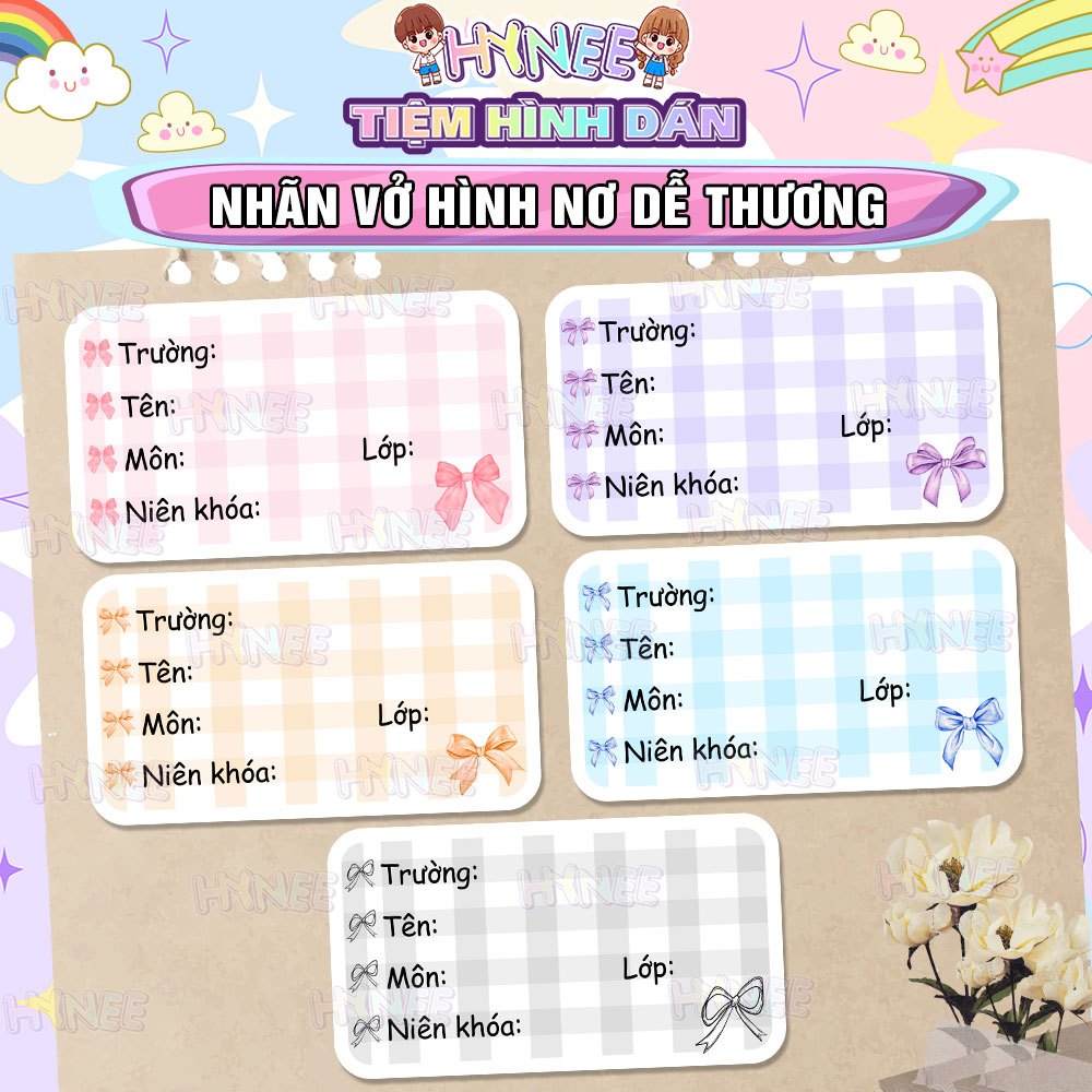 Nhãn Vở Coquette Nơ Dễ Thương, Nhãn Vở Nơ Cute Caro - Giấy Nhãn Nơ Hồng Xinh, Nhãn Tập Coquette Caro