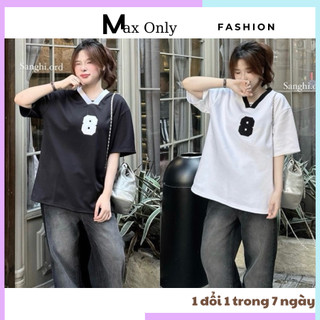 Áo phông nam nữ, from rộng cổ V viền hoạ tiết số 8 trước ngực chất cotton mát