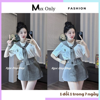 Set nữ 3 món gồm áo phông tay lỡ mix cùng chân váy xếp ly kèm khăn buộc