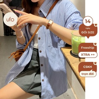Áo sơ mi đũi cotton kẻ đính cúc túi freesize - Button Line Shirt - ufo.thebasic
