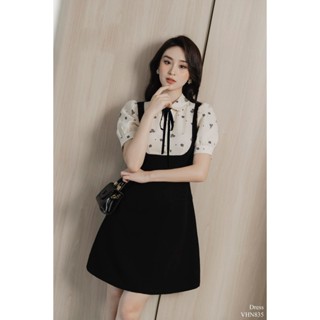 Váy Yếm nữ công sở, đầm yếm phối cổ nơ lịch sự tôn dáng Tiin Store - VHN835