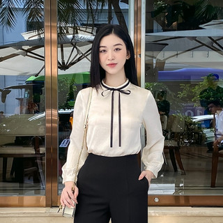 Áo sơ mi nữ dài tay nơ cổ, lụa cao cấp lamer o61b24q005