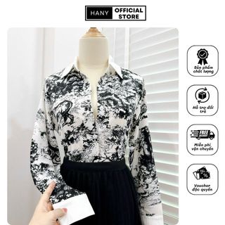 sơ mi hoạ tiết dài tay phối cổ trắng, chất lụa hàn châu mềm mát, thời trang nữ, thời trang hàn quốc GSM0117