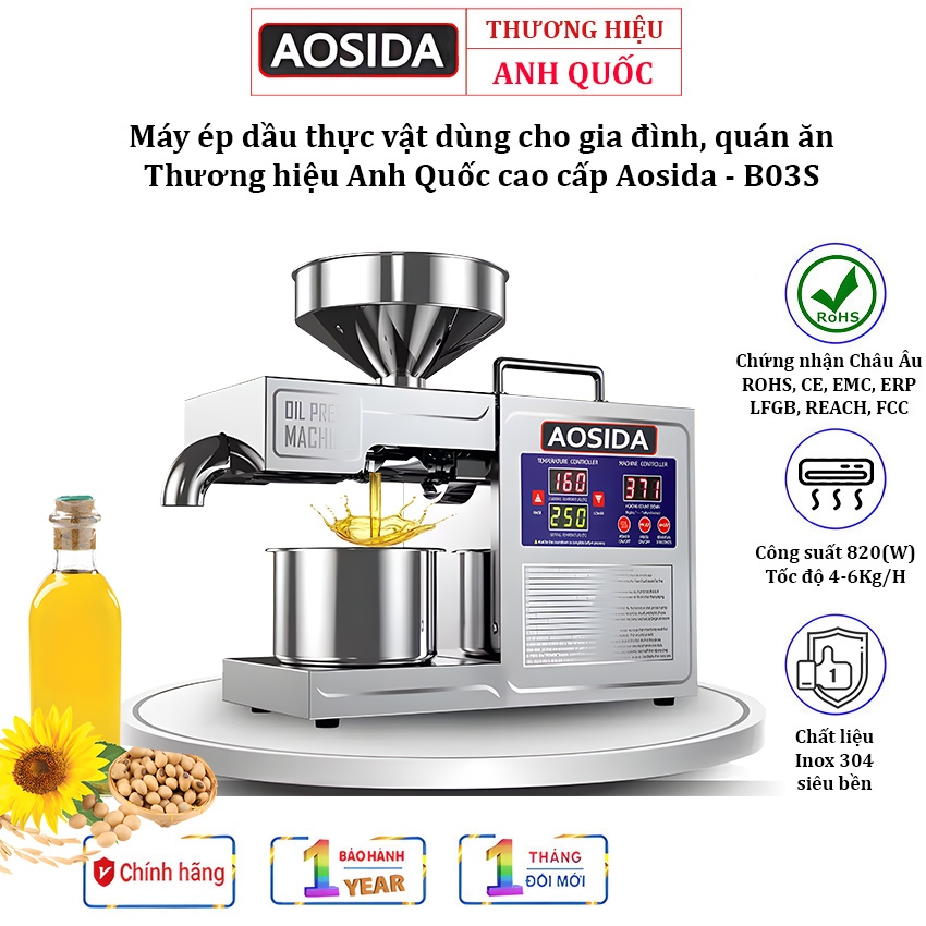 [BH 12Thg] Máy ép dầu ăn B03S dành cho gia đình Thương hiệu Aosida Anh Quốc, Trục ép dài tới 210mm