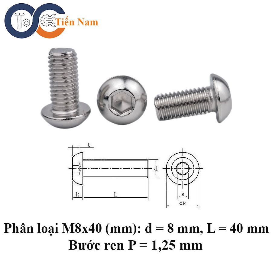 Bu lông lục giác chìm đầu dù - đầu nấm inox 304 M8x40 - túi 5 con