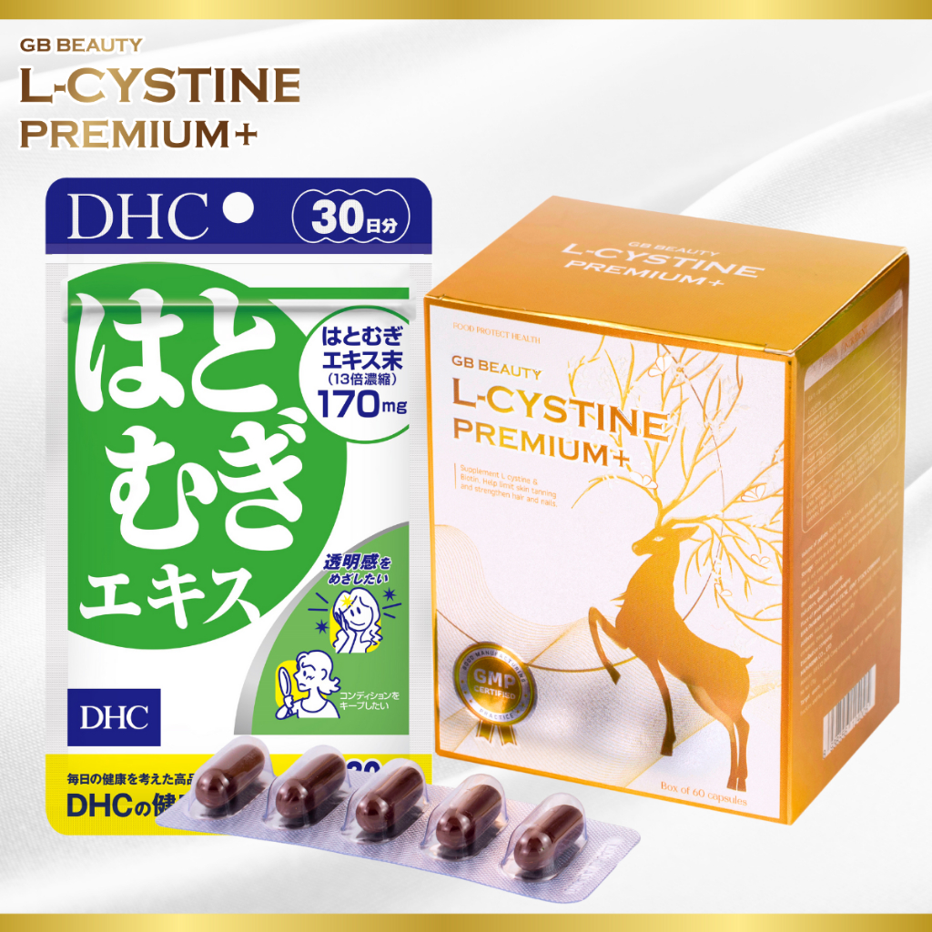 COMBO đẹp da, cải thiện da tối màu GB BEAUTY L-CYSTINE PREMIUM+ 60 viên và Adlay Extract DHC, liệu trình 1 tháng