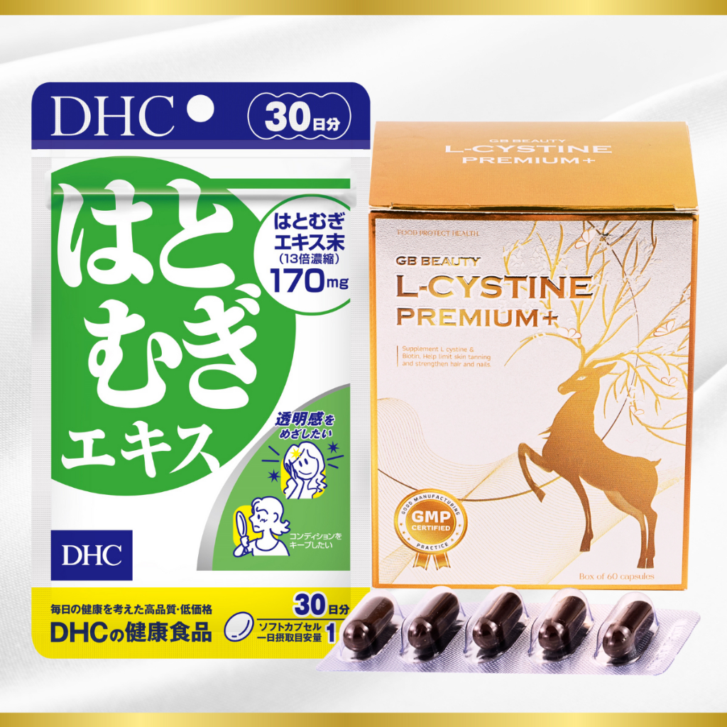 COMBO đẹp da, cải thiện da tối màu GB BEAUTY L-CYSTINE PREMIUM+ 60 viên và Adlay Extract DHC, liệu trình 1 tháng