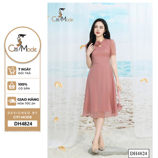 Đầm công sở CITI MODE FASHION thiết kế dáng xoè hồng cổ cách điệu đính hoa DH4824