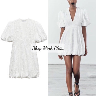 (Sẵn) Váy trắng thêu toàn bộ cổ V bí phồng Zaraa
