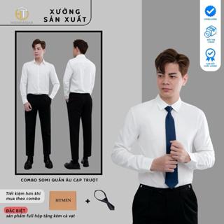 Combo quần âu cạp trượt Luxury vải chéo tuytsi 79 + áo sơ mi lụa Nam ẩn si full hộp Ht Menswear Tặng kèm cà vạt