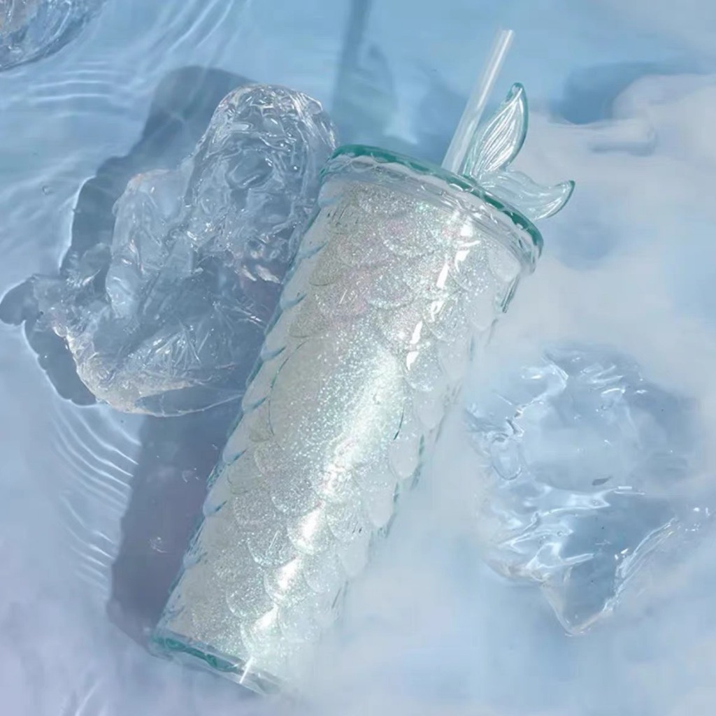 Ly Starbucks Mermaid Glitter Blue 710ml, bình nước nhựa 2 lớp bling tặng kèm ống hút và topper