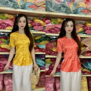 Đồ lam đi chùa - bộ bà ba tay ngắn quần trắng vải lụa gấm