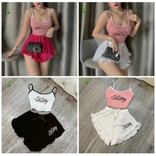 Sét bộ 2 dây in chữ kitty quần bèo lưng thun co dãn