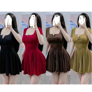 Đầm cài nút cổ vuông dáng xoè chất thun tăm co dãn