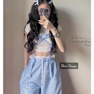 [Maysstore2020] Set quần suông caro áo croptop tay ngắn đính nơ 1706