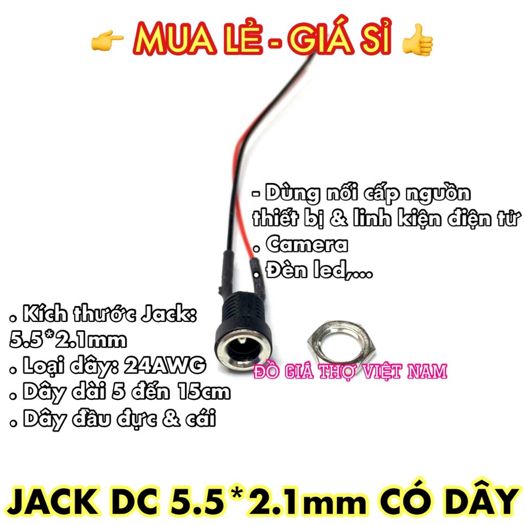 [ĐGTVN] Jack DC 5.5*2.1mm có dây (5521)