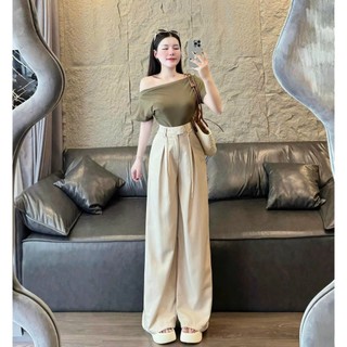 Set bộ áo tăm trễ vai, áo kiểu phối cùng quần tây ống rộng chất tuyết mưa sang chảnh phù hợp từ công sở đến đi chơi