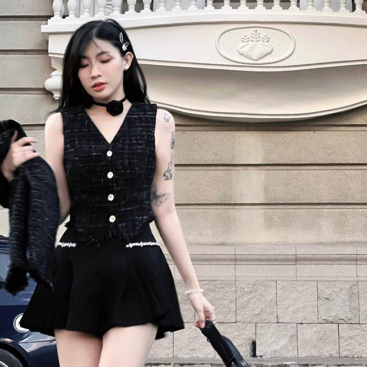 THE FANCE | Áo gile dạ tweed chiết tôn eo lai tua rua cá tính sang chảnh HARLEY