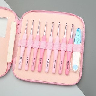  Bộ kim móc cán nhựa màu hồng 8 size kèm kéo bấm và túi đựng kim 