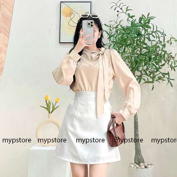 Áo lụa cột nơ cổ tay phồng dài Mypstore