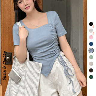 [Bigsize 45-75kg / Order] Áo thun form dài vạt nhon dây rút lêch tà cổ vuông cách điệu tay ngắn năng động thanh lịch