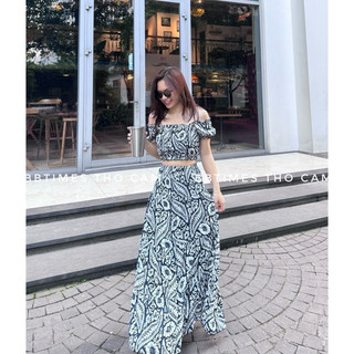 Set áo trễ vai - chân váy maxi vải lanh hoạ tiết thổ cẩm