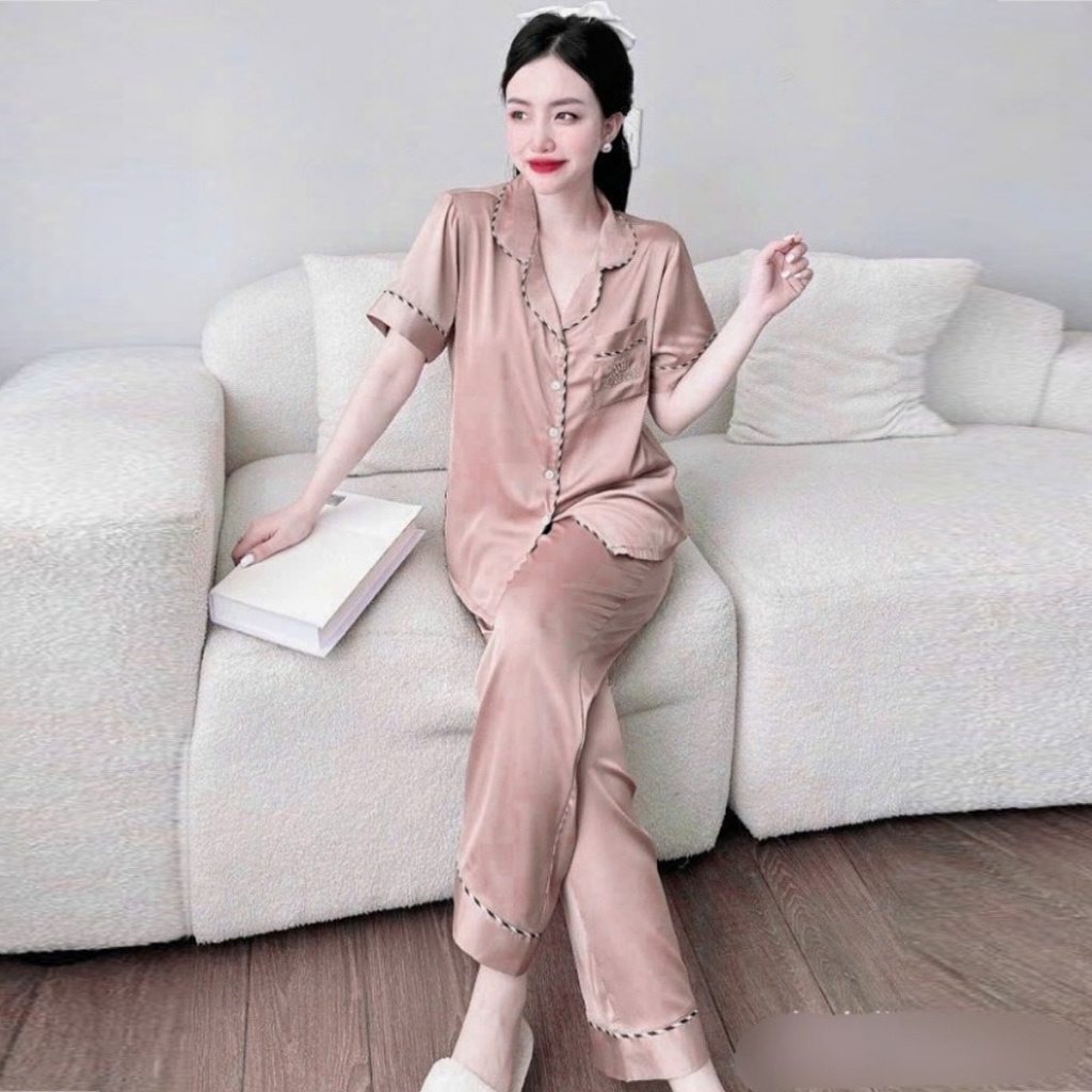 Đồ bộ nữ pijama tay ngắn tiểu thư bánh bèo quần dài vải lụa Latin Freesize - cn74