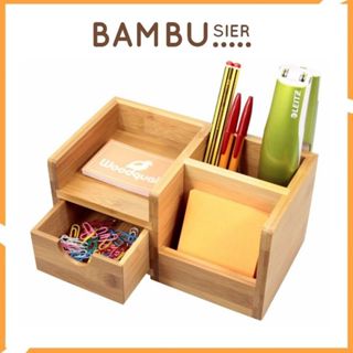 Hộp đựng bút để bàn - khay hộp cắm bút tre có ngăn kéo