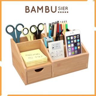 Khay đựng bút để bàn có ngăn kéo bằng tre