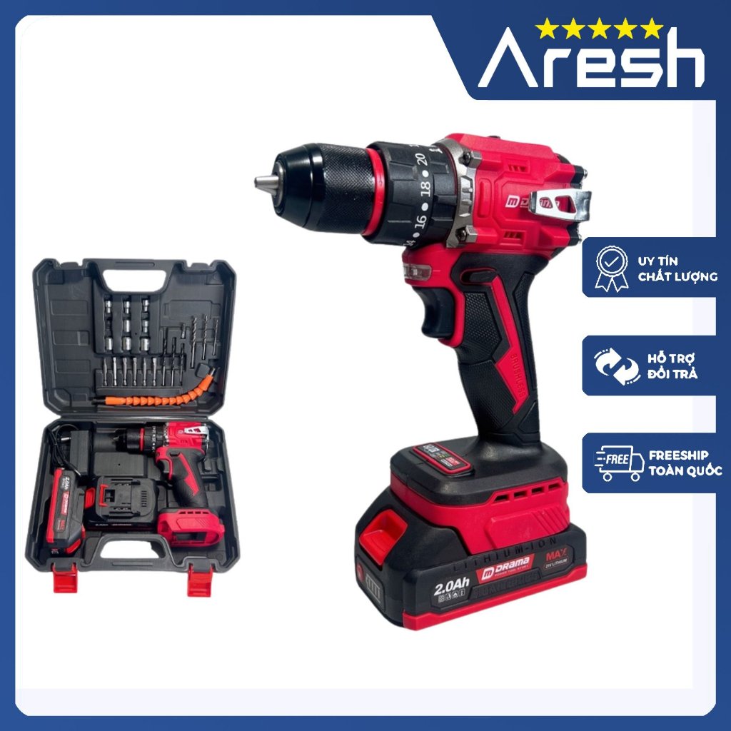 Máy khoan pin DRAMA D5521, Động cơ Không chổi than, 3 Chức năng, Có khóa trục và điều tốc siêu mượt