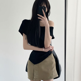 Áo thun ngắn tay một vai màu đen gợi cảm mùa hè dành cho nữ