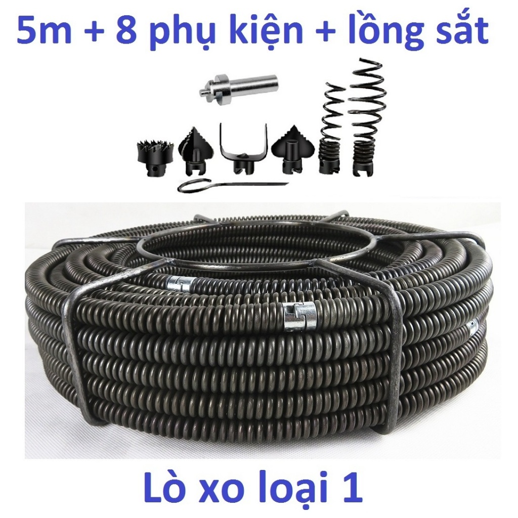 Bộ dây lò xo thông cống 5m phi 16 mm (lò xo LOẠI 1) + 8 phụ kiện