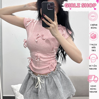 Set (có tách lẻ) - Áo thun nữ cổ tròn tay hến vạt bầu đính nơ ôm body GirlZ Shop, Quần đùi nữ dáng xoè lưng chun - A50